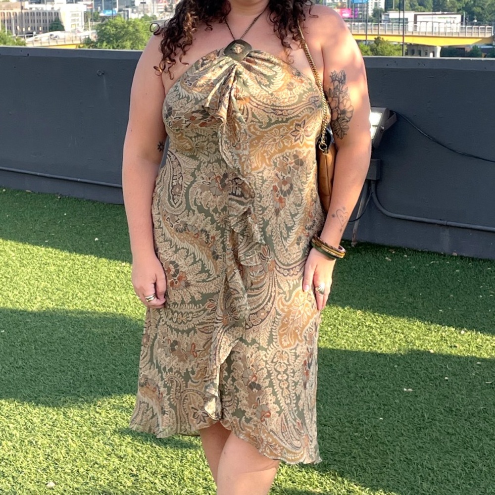 Lauren Ralph Lauren brown multi paisley silk ruffle dress with chain halter
